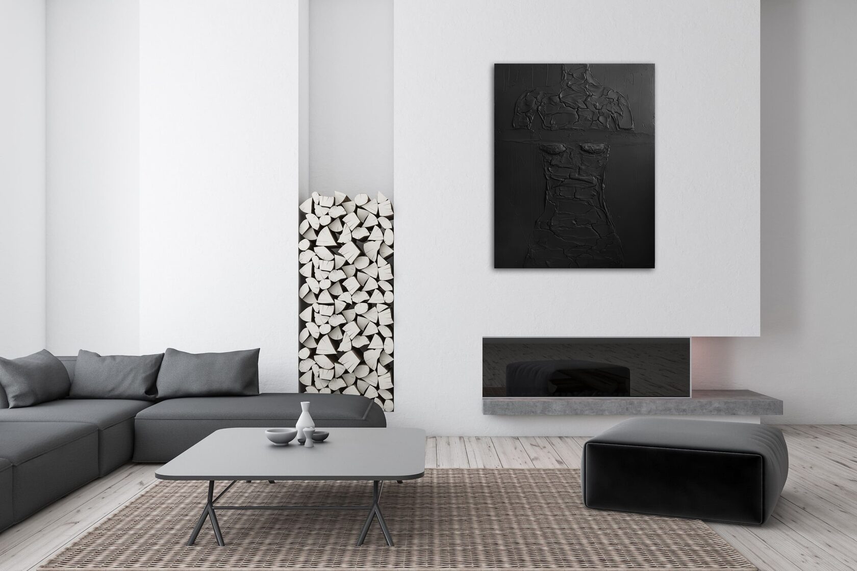 Монохромная фактурная картина в черных для гостиной