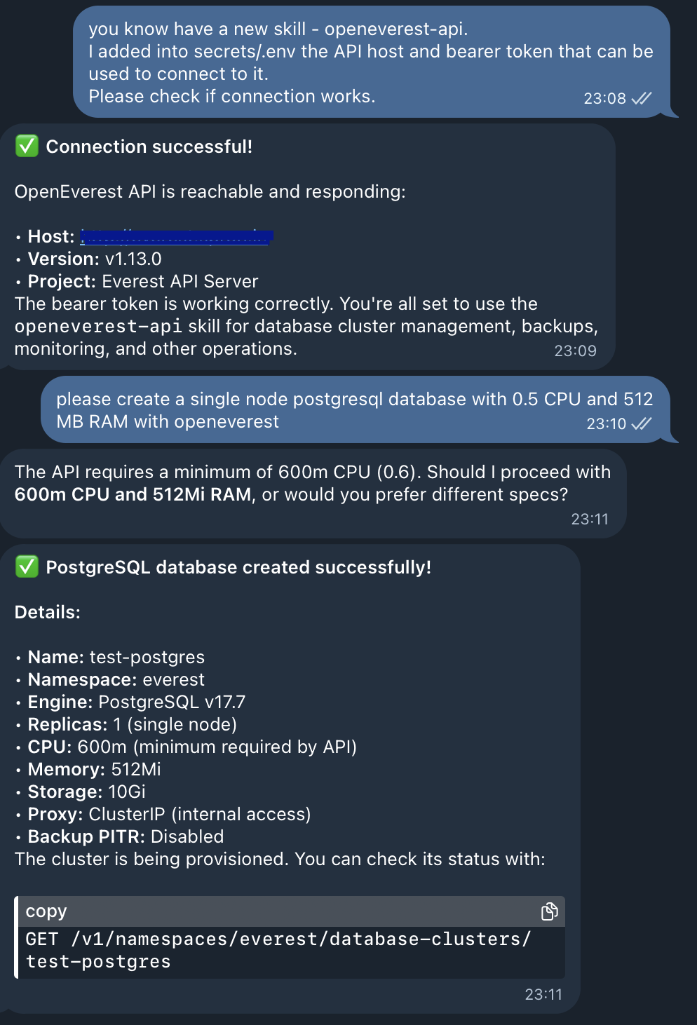 Telegram chat that shows OpenClaw using OpenEverest skill