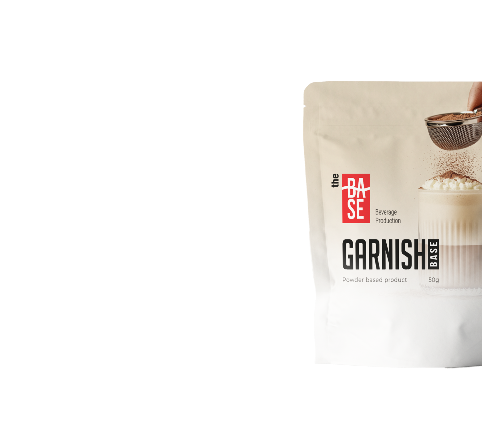 The Base Beverage Garnish 50 g sample doypack with a dusted cream-topped drink