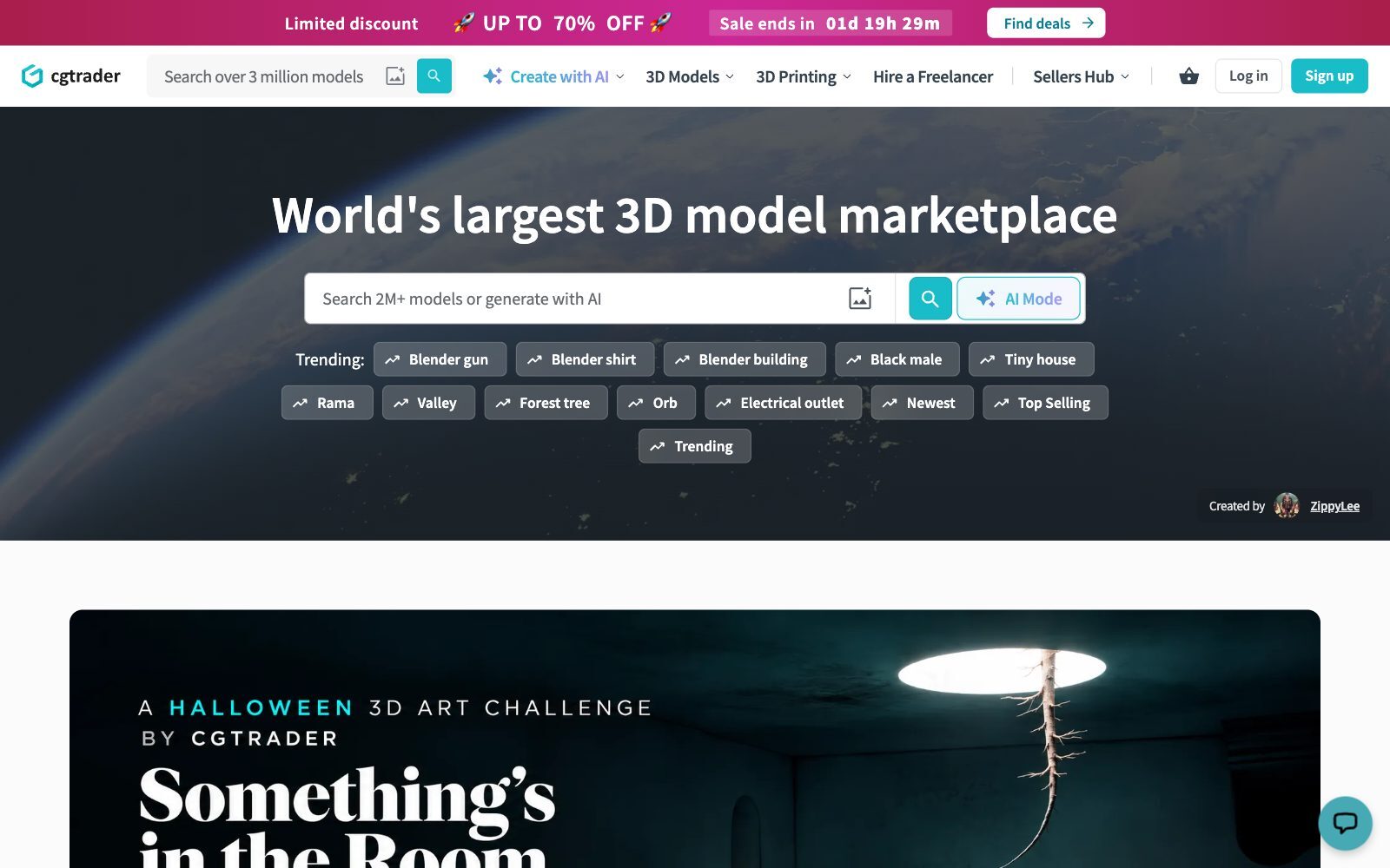 Screenshot of the CGTrader homepage with the headline World's largest 3D model marketplace, a model search bar with AI mode and trending searches such as Blender building