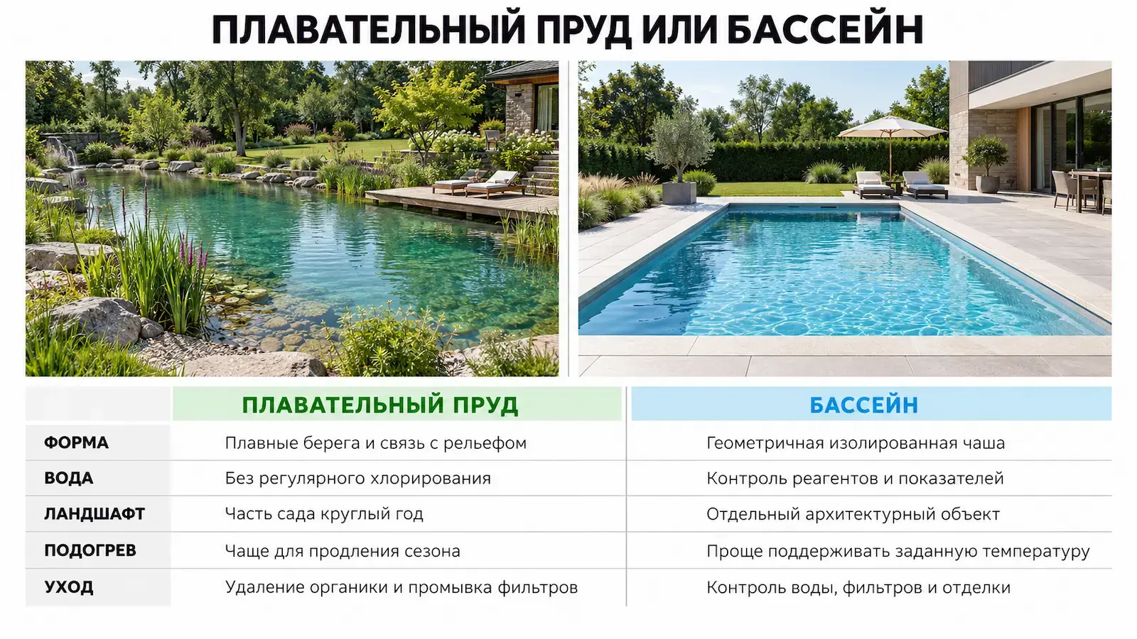 Инфографика сравнения плавательного пруда и бассейна по форме, воде, ландшафту, подогреву и уходу