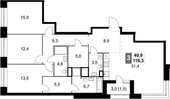 3-комн — 116,3 м²
