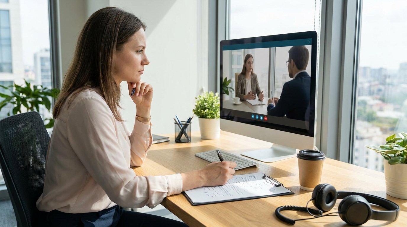 Рекрутер анализирует видеозапись интервью на экране компьютера, рядом распечатка разговора, современный кабинет