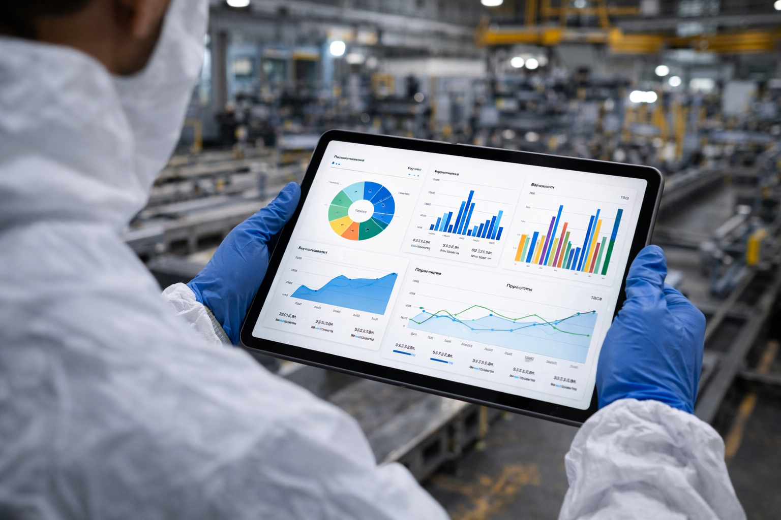 A person in protective suit and gloves holding a tablet with analytics dashboards and charts in an industrial facility, viewed from slightly behind