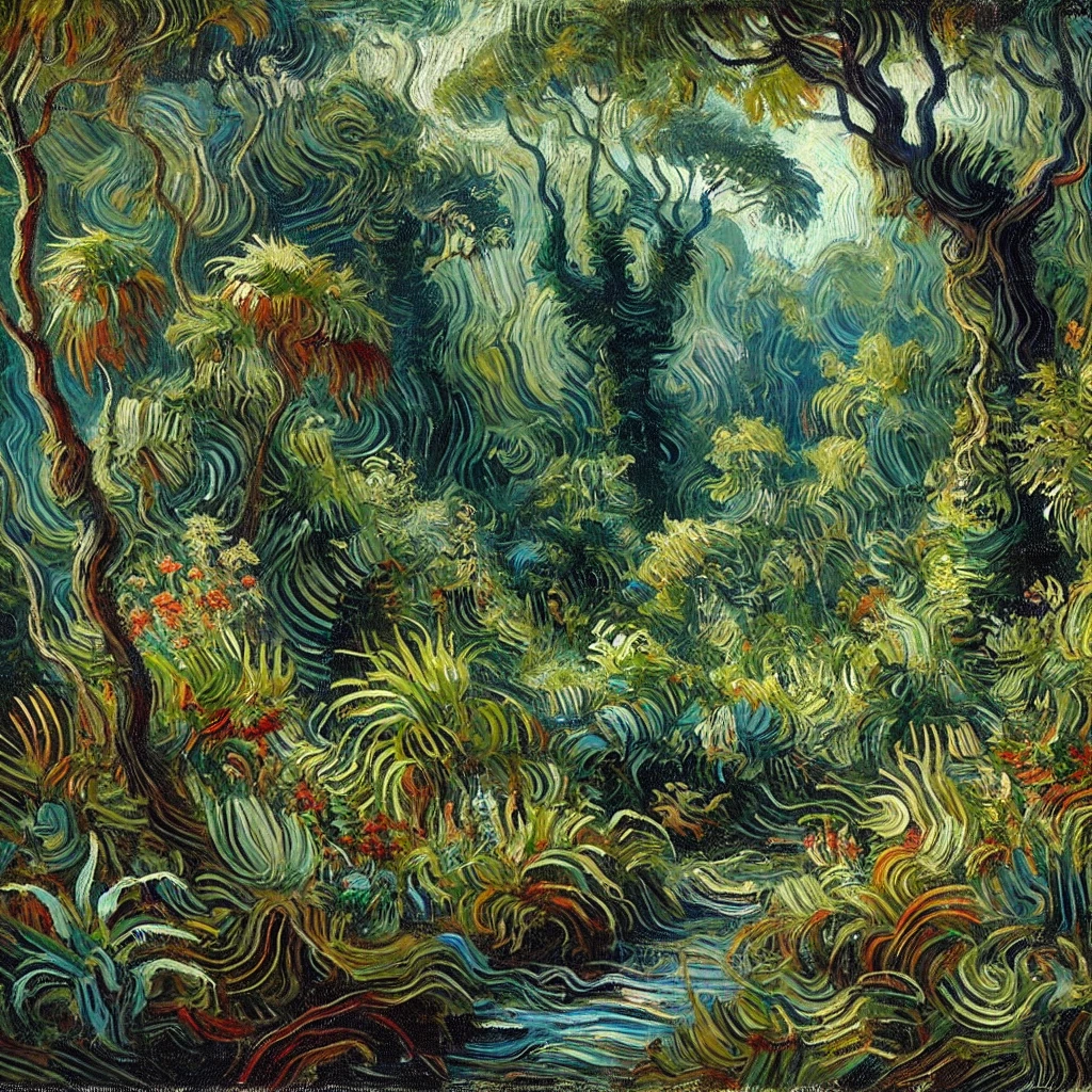 A painting in the style of Vincent van Gogh, using abstract expressionism with wide, sweeping brush strokes. The scene should depict dense, lush jungles with vibrant foliage, trees, and undergrowth. The brushstrokes should be bold, natural, and roughly the same width throughout, creating flowing, textured strokes that represent the dense vegetation and chaotic beauty of the jungle. The colors should be rich and earthy, with various shades of green for the trees and plants, along with highlights of brighter tones for flowers and details. The background should have dynamic, energetic strokes capturing the depth and vitality of the jungle.