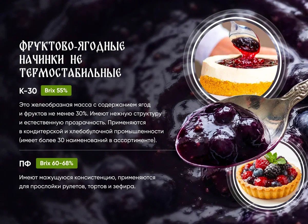 Слайд презентации «Одоевских консервов»: заголовок «Фруктово-ягодные начинки не термостабильные» декоративным шрифтом, зелёные плашки Brix и фото начинок на тёмном фоне