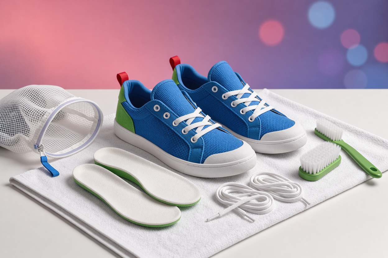 textile sneakers with removed insoles and laces laid out on a towel next to a soft laundry mesh bag and a small brush, staged preparation scene