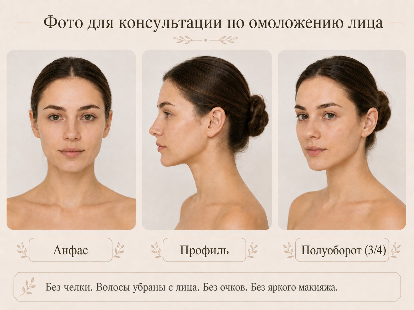 Пример ракурсов фотографий лица для предварительной консультации