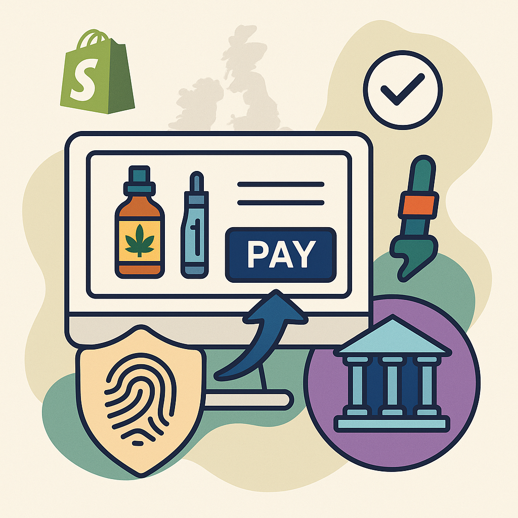 Illustration of a Shopify checkout page featuring CBD oil and a vape pen with a "Pay" button, surrounded by icons of a fingerprint shield, a bank building, a checkmark, and a paintbrush—all set against an