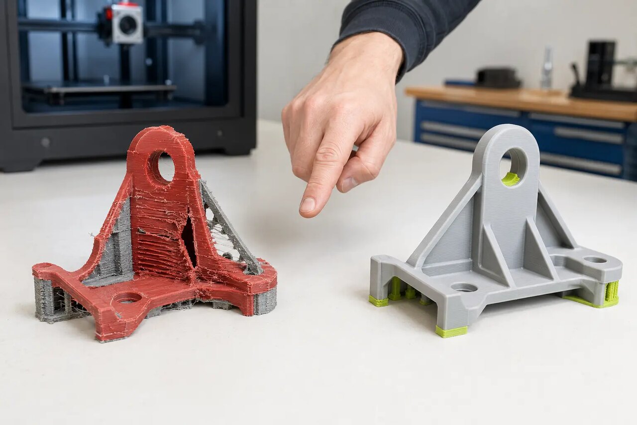 Сравнение неудачной и оптимизированной 3D-печатной детали с улучшенными стенками и поддержками