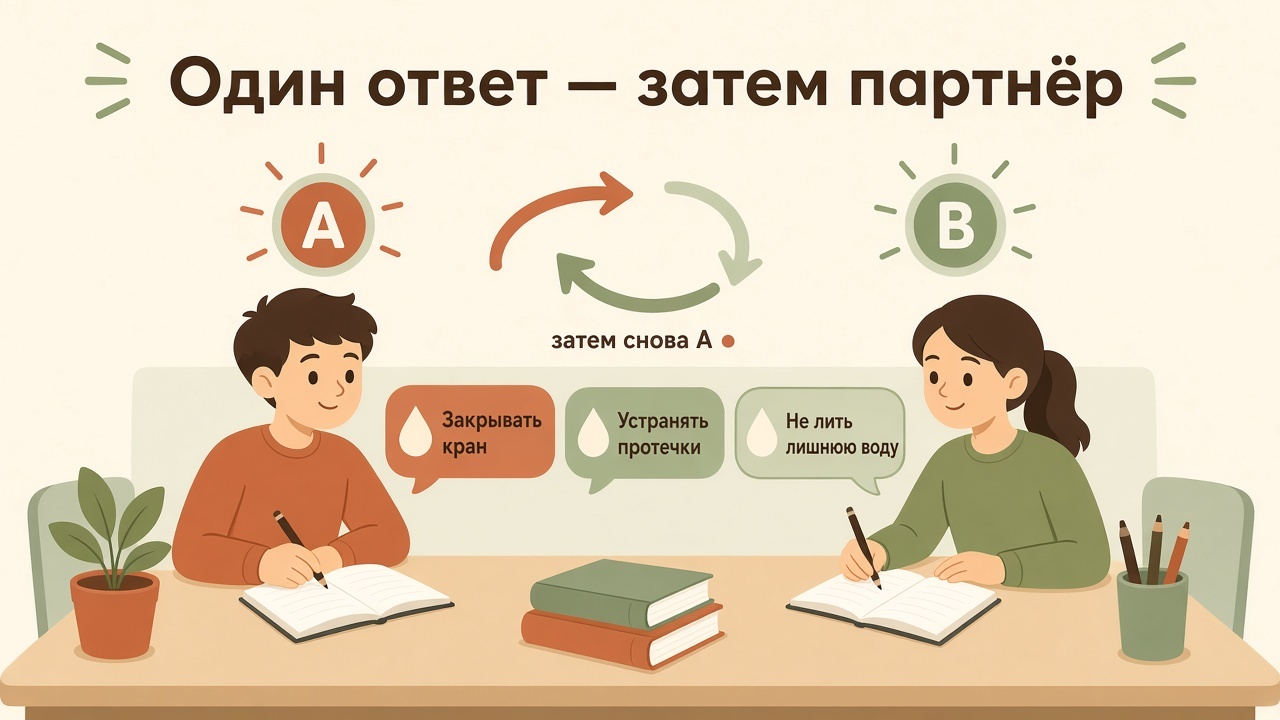 Партнёры по очереди называют способы экономить воду: один ответ, затем ход другого