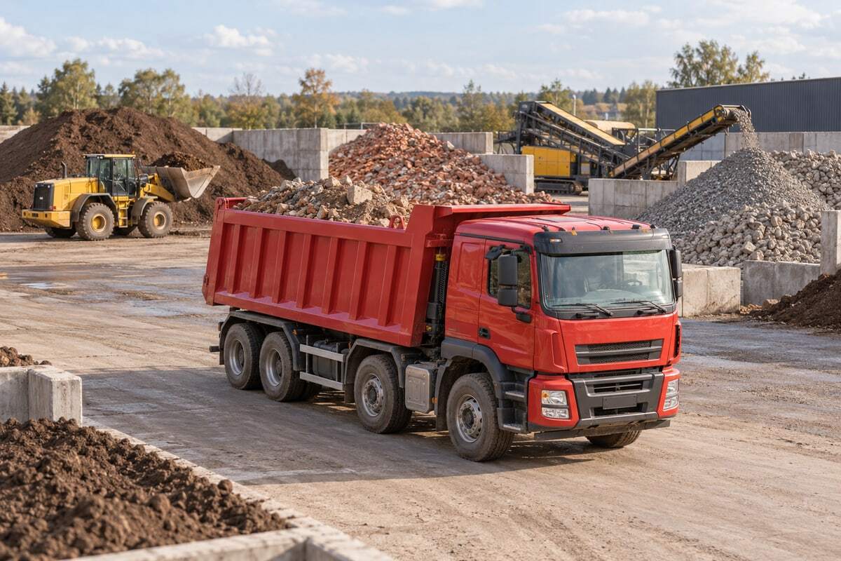 Самосвал на площадке сортировки грунта и строительных отходов