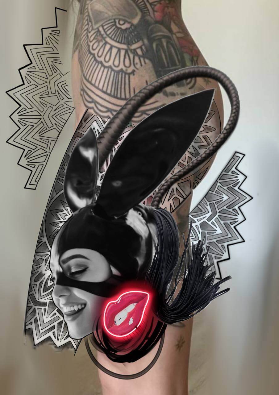 Stylized tattoo sketch and project featuring a woman in a black rabbit mask with red neon lip accents, combined with geometric patterns and a whip element. Los Angeles.