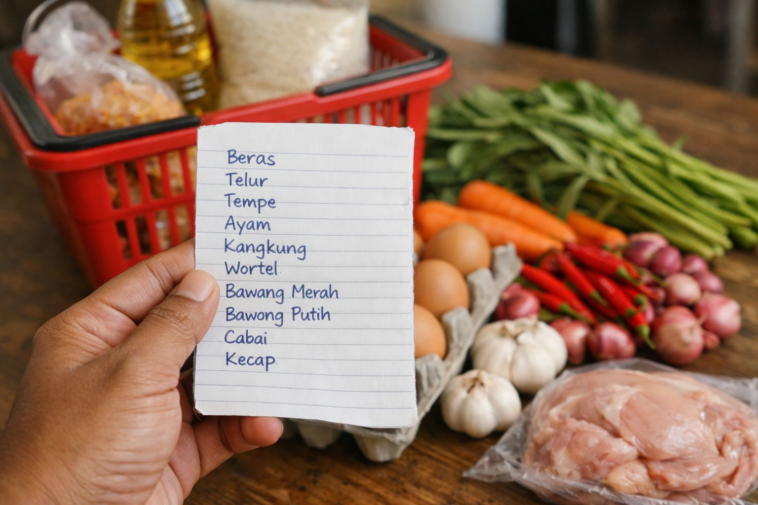 Daftar belanja meal prep ala Indonesia dengan beras, telur, tempe, ayam, kangkung, wortel, bawang, cabai, dan kecap