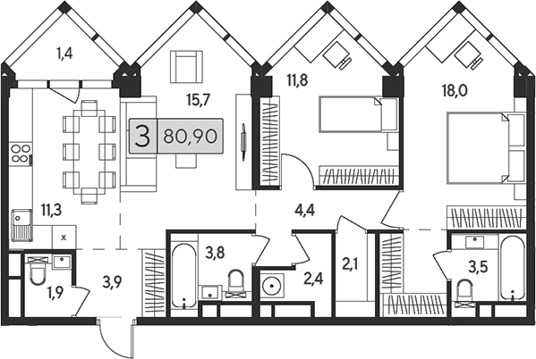 3-комн 80,90 м²