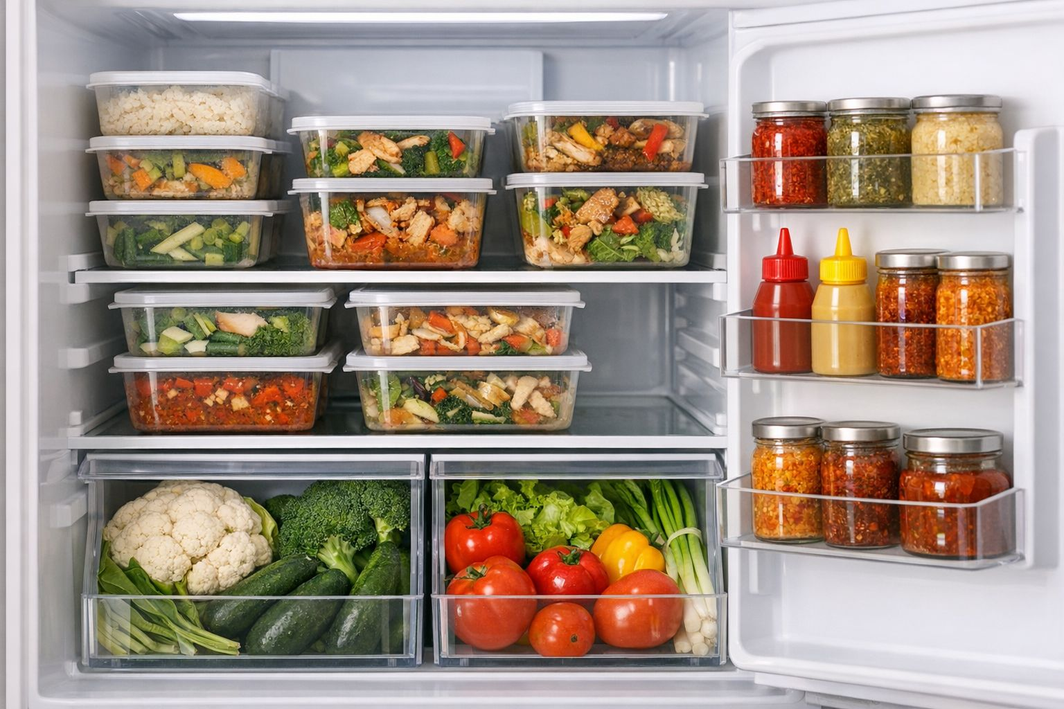 Isi kulkas rapi dengan wadah meal prep berisi lauk, sayur, dan bumbu untuk persiapan makan rumahan yang praktis