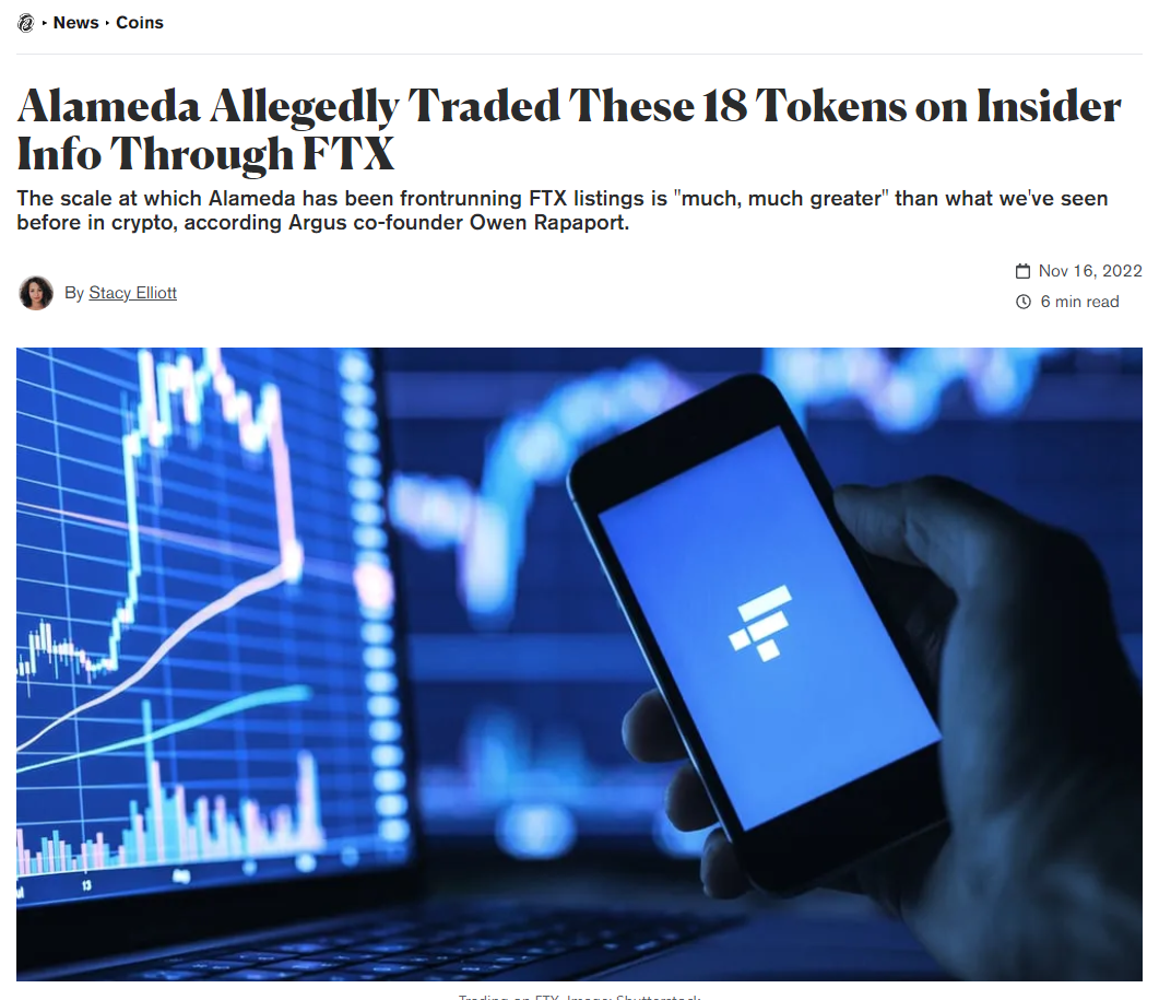 новость DeCrypt о расследовании инсайдерской торговли Alameda Research