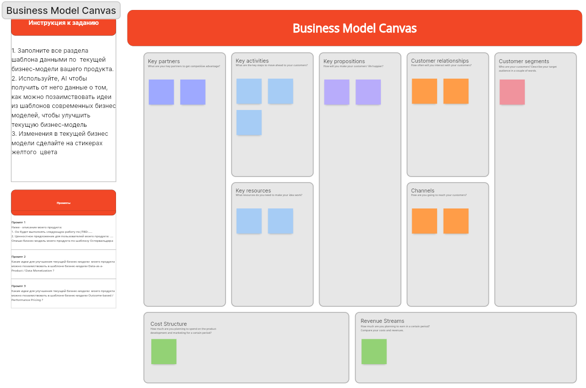 Заполненный шаблон Business Model Canvas с сегментами, ценностями и каналами