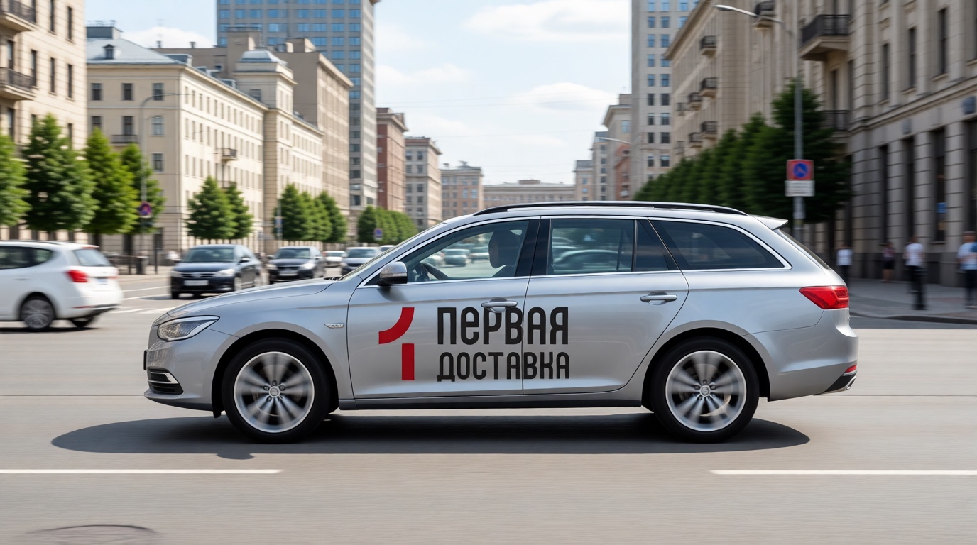 На изображении серебристый автомобиль с надписью «Первая Доставка» на боку. Машина движется по городской улице, окружённой зданиями и деревьями.