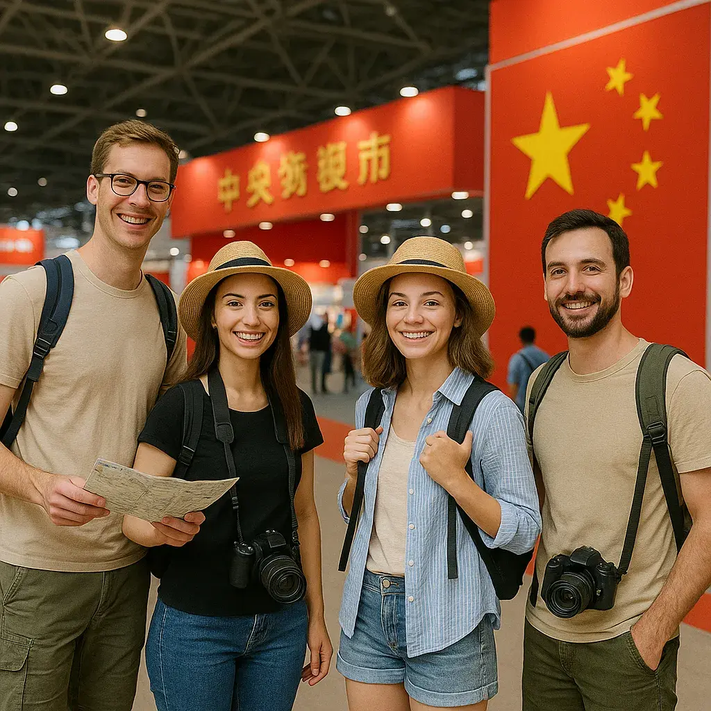 Группа молодых людей в деловых костюмах на выставке в Китае