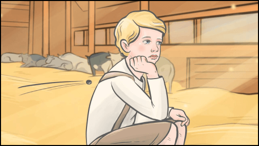 Фрагмент рекламного сценария молочных продуктов: задумчивый мальчик в сарае, погружённый в размышления