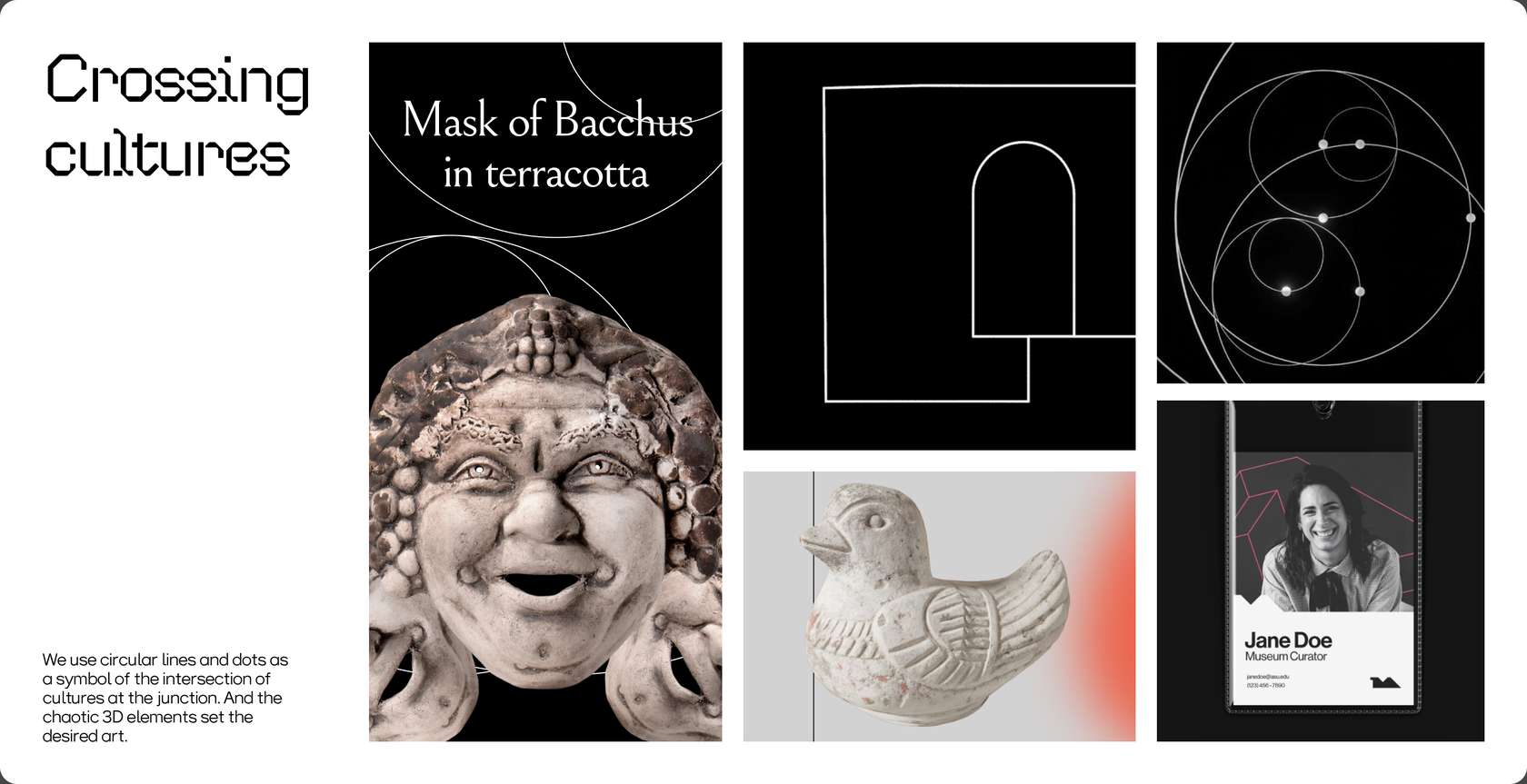 Crossing cultures concept — terracotta Bacchus mask, line geometry, circular lines and dots