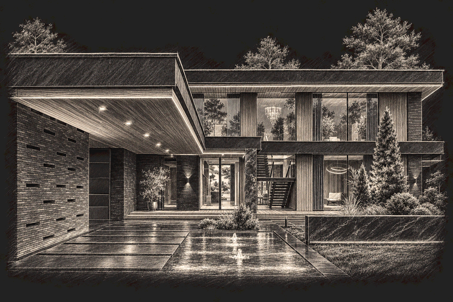Карандашный архитектурный скетч VILLA MILLENNIUM