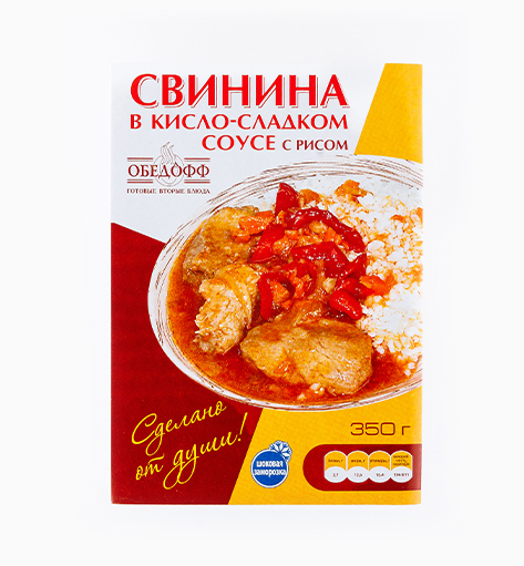 Свинина в кисло-сладком соусе с рисом от производителя Мерилен — замороженный полуфабрикат. Масса нетто: 350 гр.