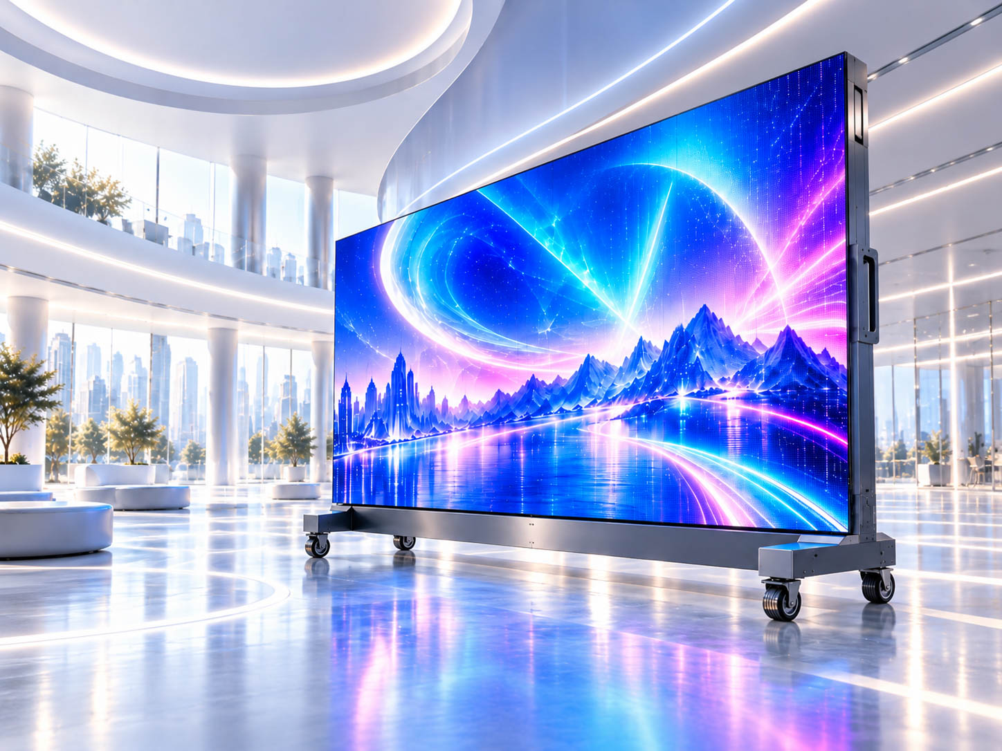 Мобильный LED-экран СВЕТОГЛЯД на мобильной напольной конструкции в просторном интерьере