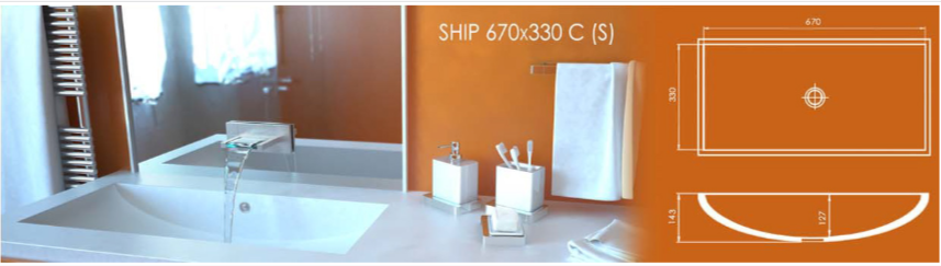 Раковина SHIP 670x330 C (S) из акрилового камня, размеры: ширина 670 мм, глубина 330 мм, высота борта 143 мм. Схема параметров и монтажных характеристик.