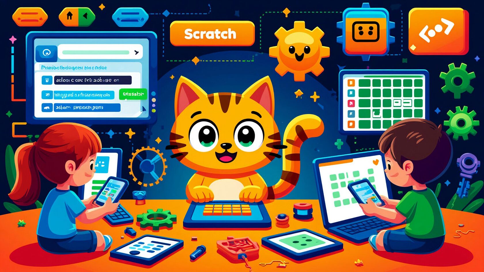 Кот из Scratch учит двух детей блочному программированию