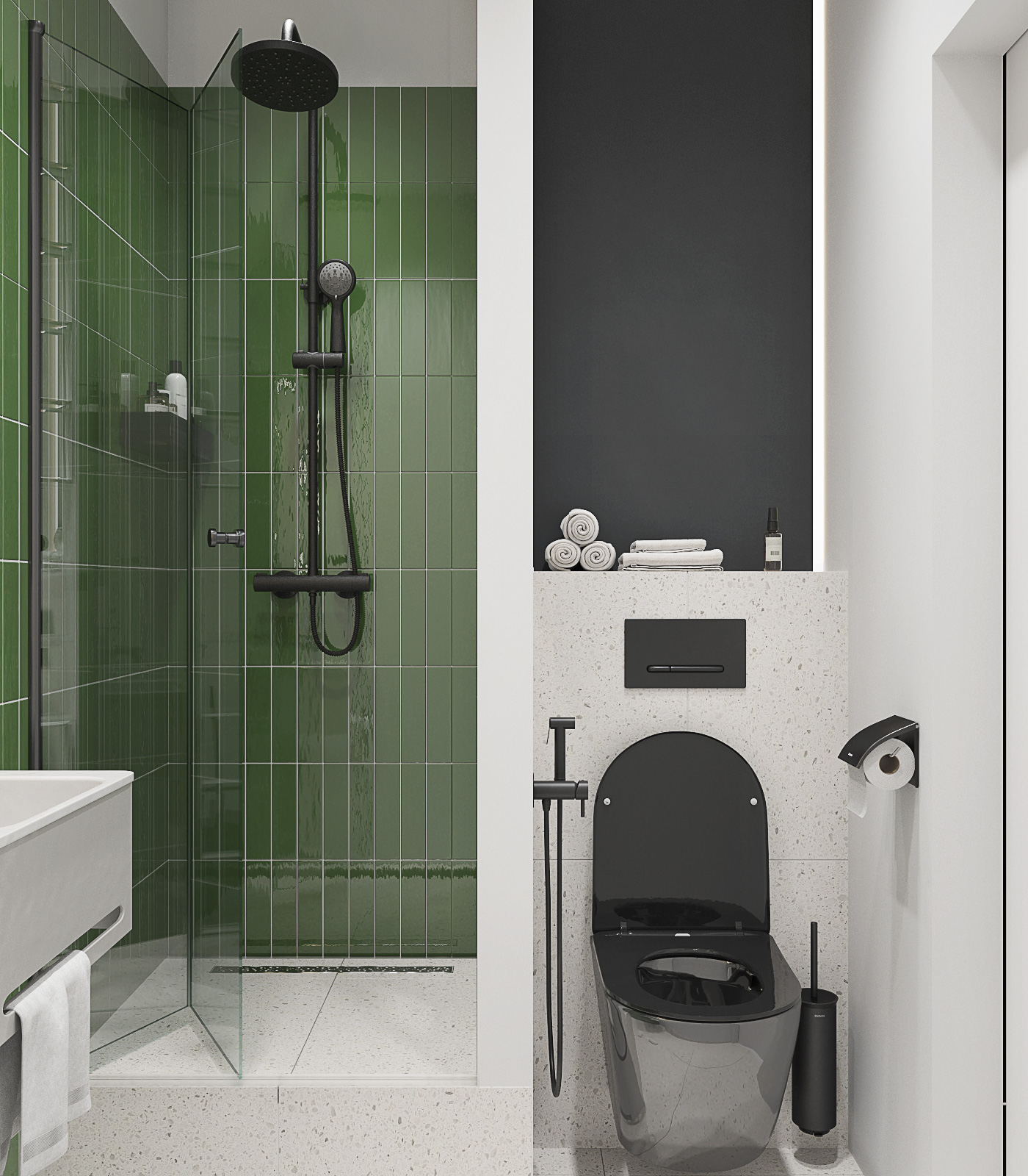 Душевая с зеленой глянцевой плиткой, белым керамогранитом. Черный унитаз, черные смесители, черный гигиенический душ, черная душевая стойка. 