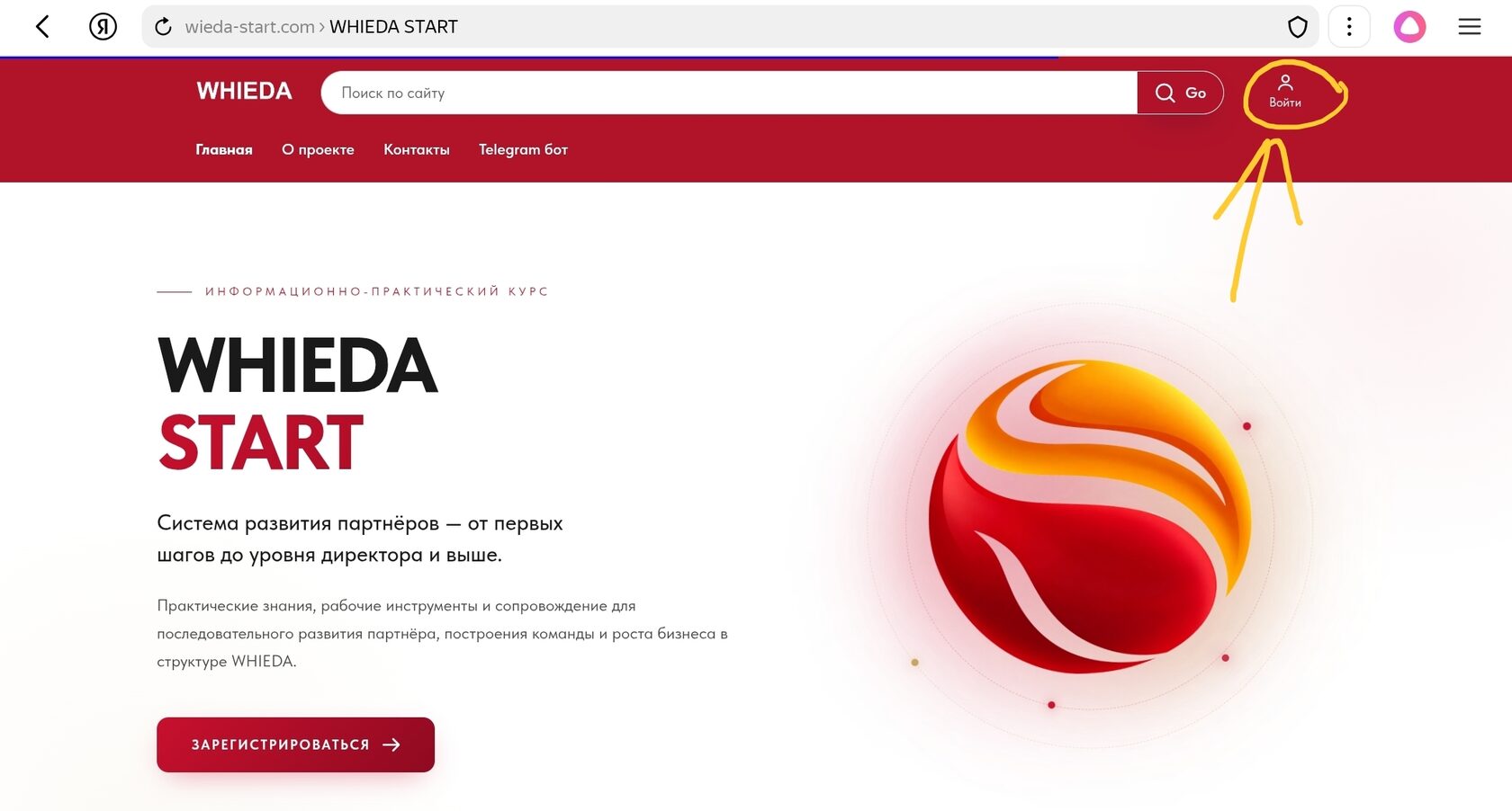 Скриншот WHIEDA START — иконка профиля «Войти» в правом верхнем углу