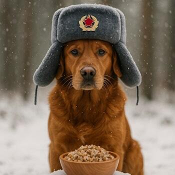 зимнее питание собак собака в ушанке перед миской гречки в снегу