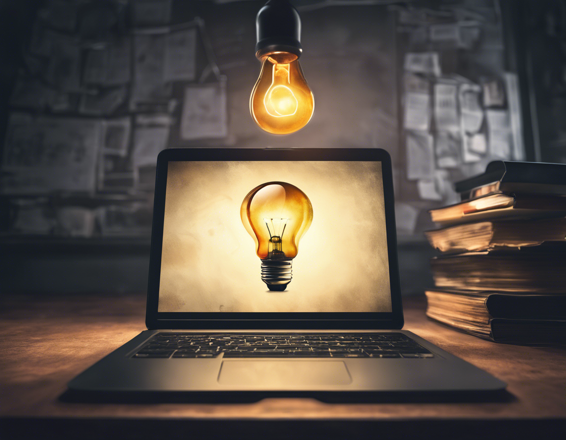 горящая лампочка над ноутбуком в темной комнате символизирует идею и инновацию в онлайн-маркетинге