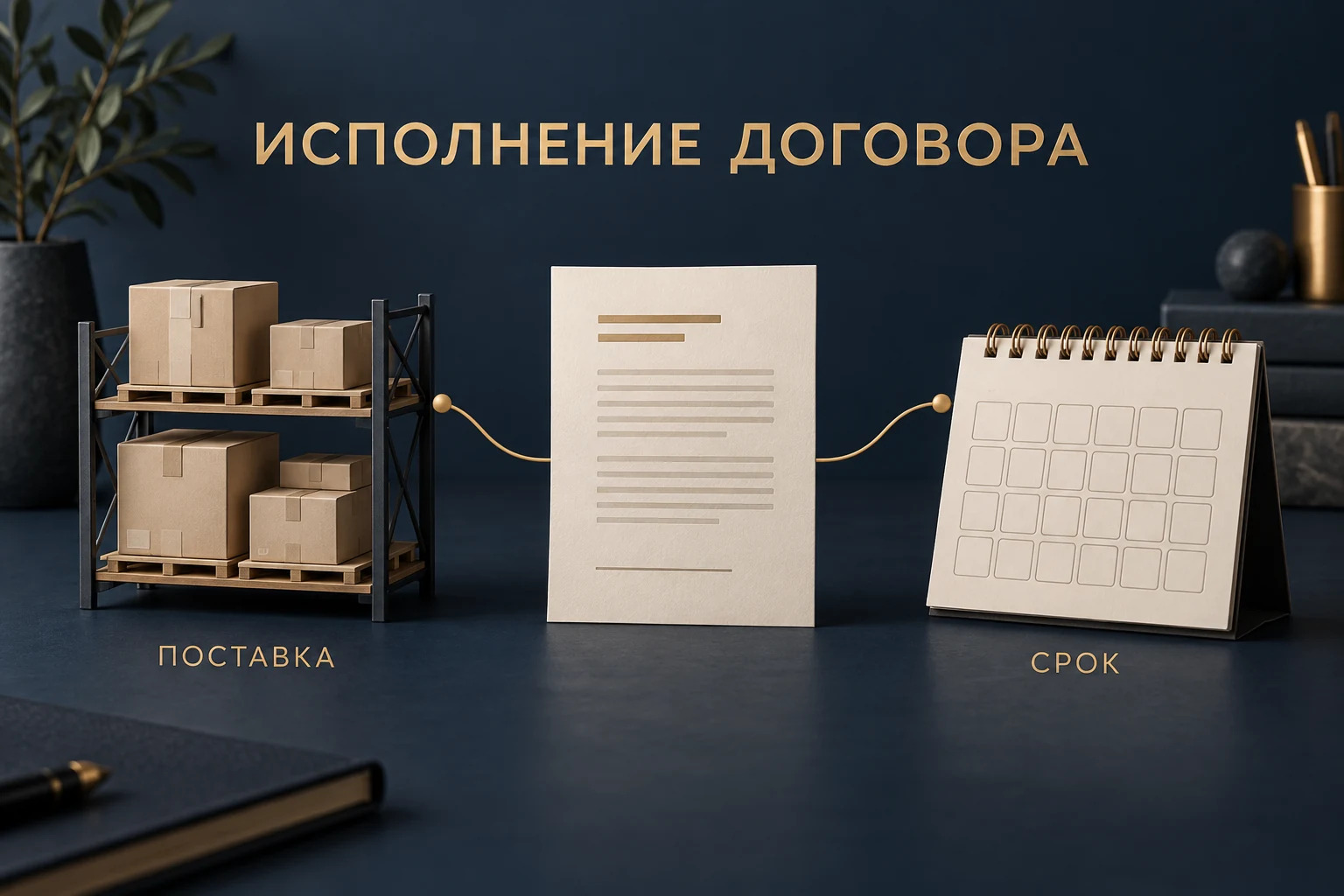 Концептуальная сцена исполнения договора: нейтральные коробки поставки, документ и календарная карточка