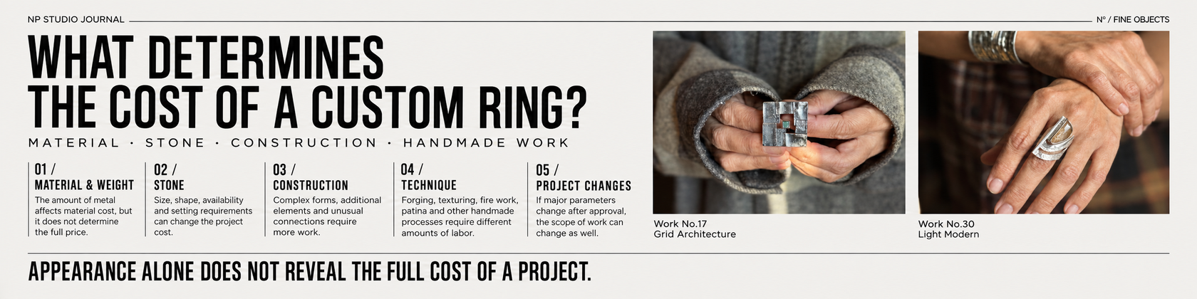 NP Studio Journal infographic explaining the main cost drivers of a custom ring: material and weight, stone, construction, technique and project changes.