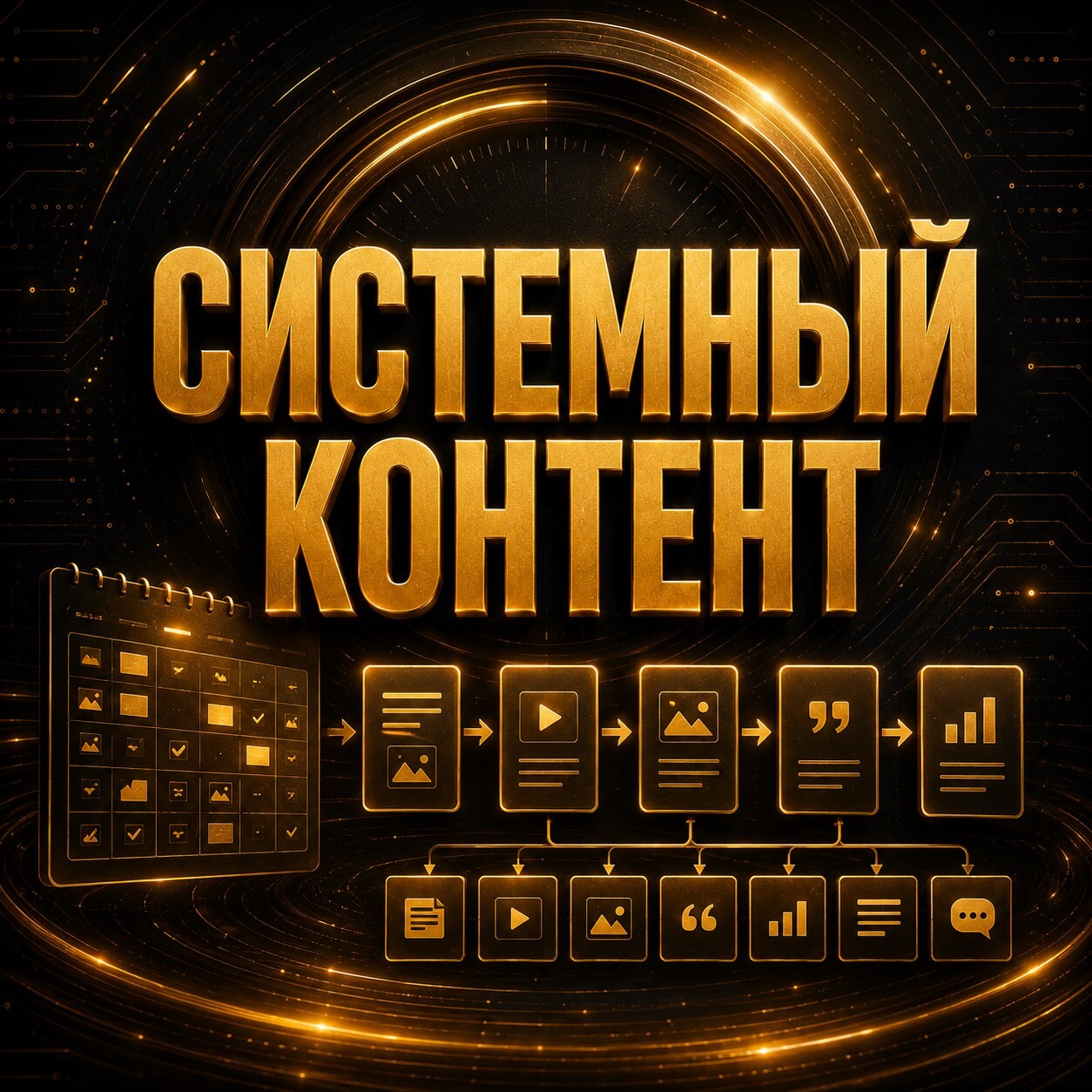 Золотой баннер с надписью «Системный контент», календарём публикаций, цепочкой контент-форматов и иконками постов, видео, цитат и аналитики.