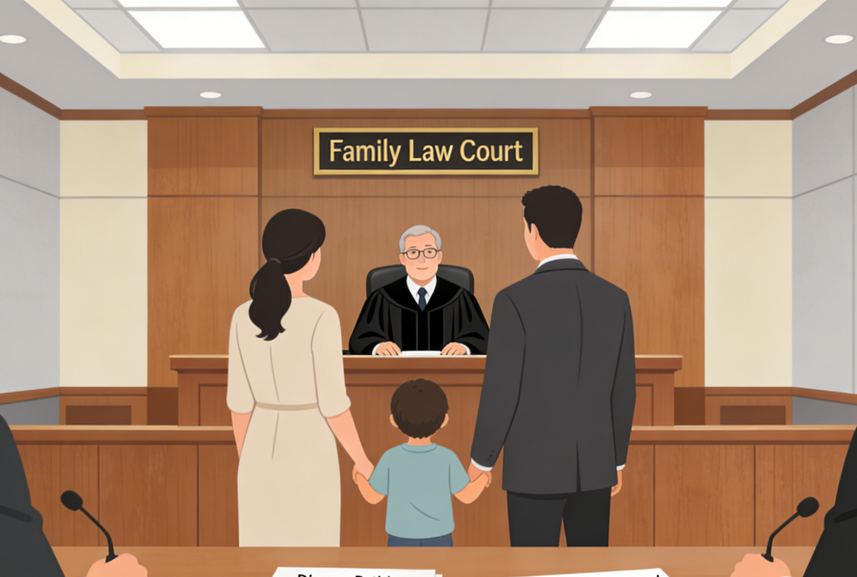 Family law court scene, parents and kid.