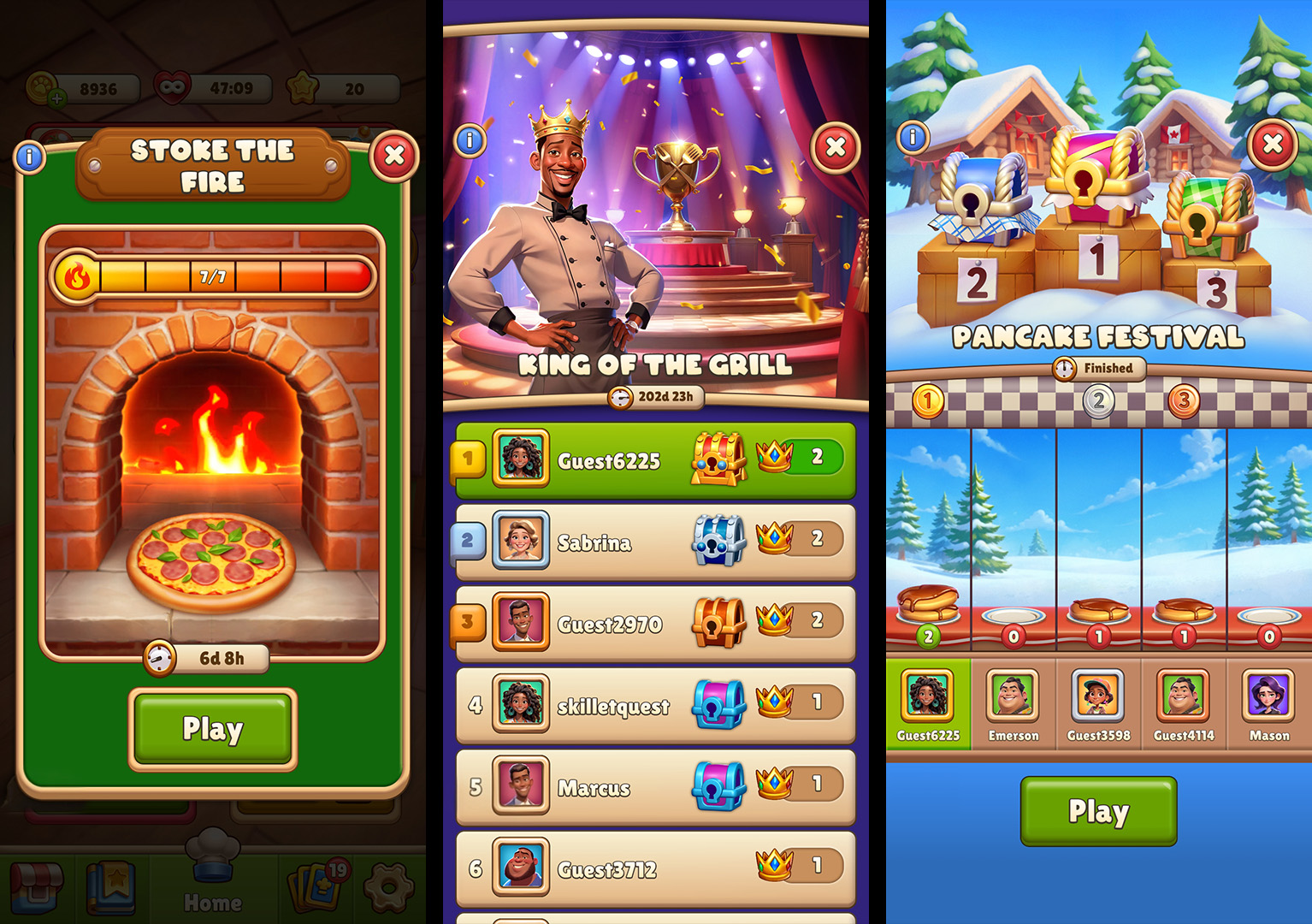 Скриншоты ивентов — печь Stoke the Fire, турнир King of the Grill и Pancake Festival