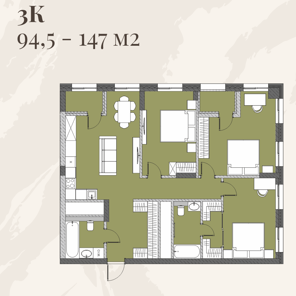 Планировка 3-комнатной квартиры в ЖК Олимпия, 94,5–147 м²