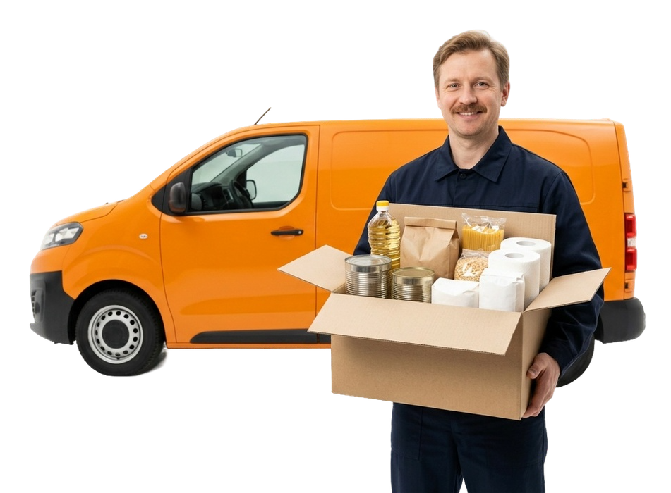 Курьер ЗАПАС с коробкой продуктов у оранжевого фургона доставки