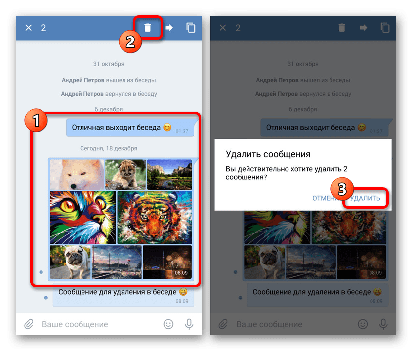 Удаление нескольких сообщений в беседе в приложении ВКонтакте