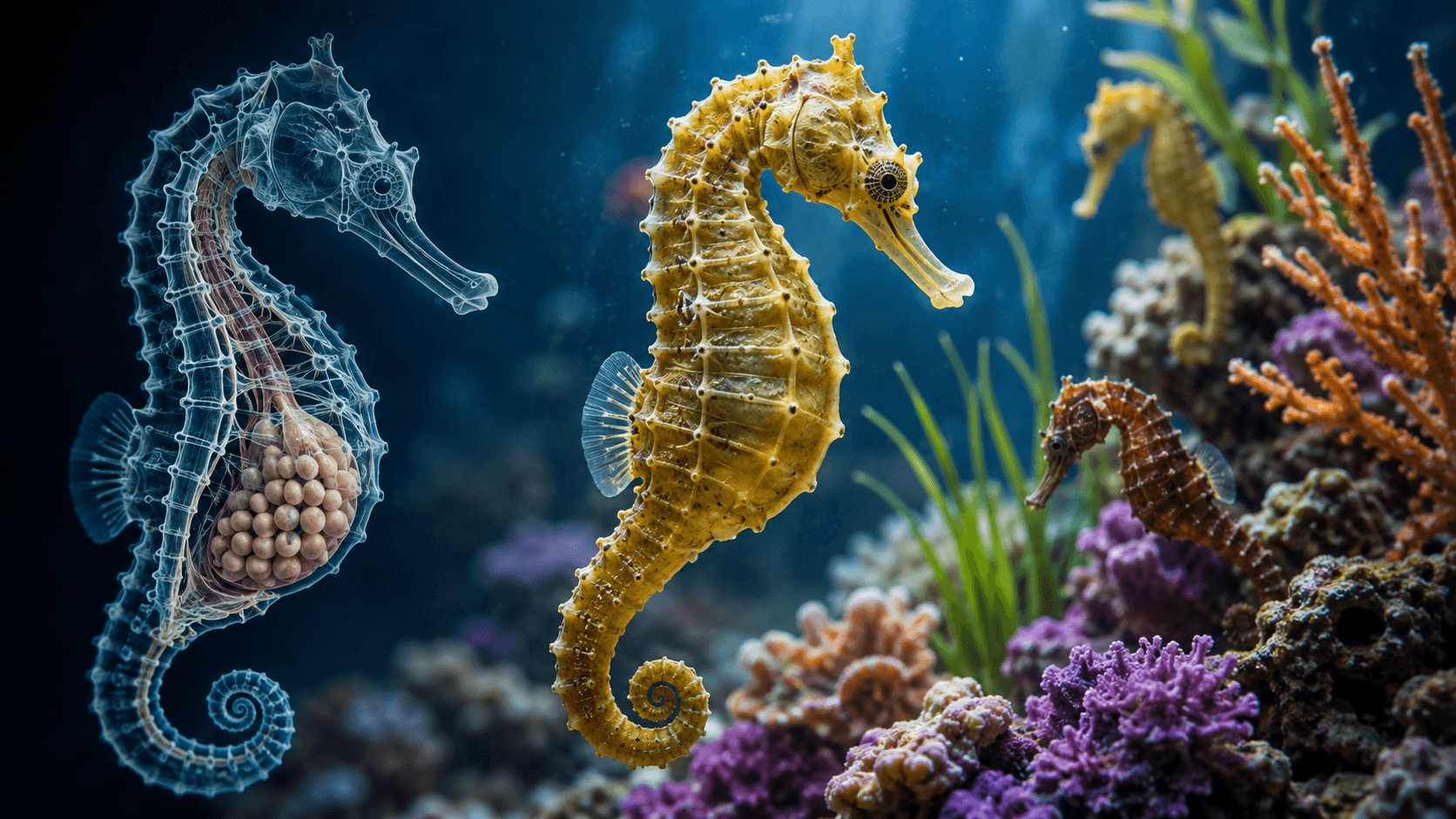 Морские коньки среди кораллов и схема выводковой сумки