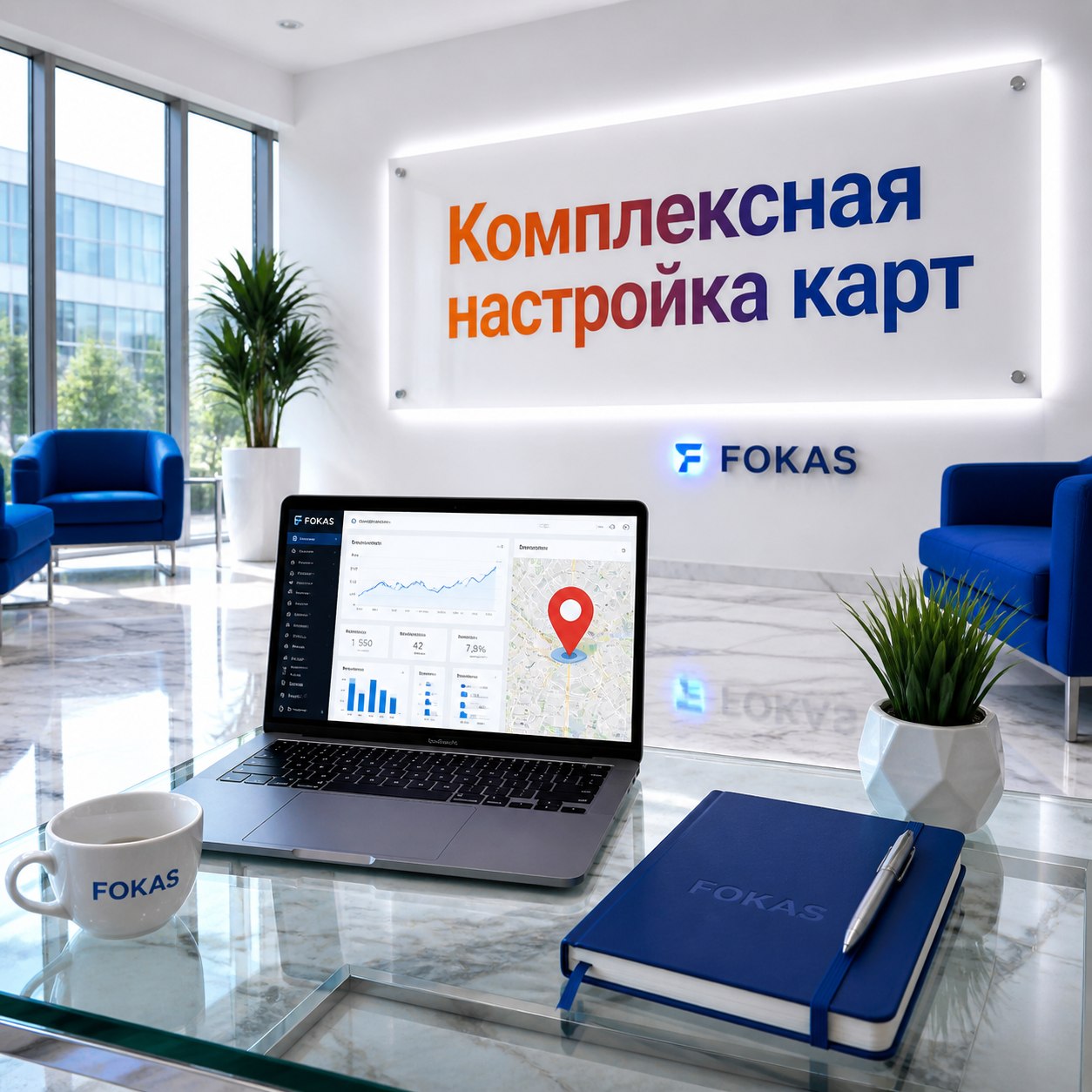 Современное пространство FOKAS с вывеской комплексная настройка карт и ноутбуком с аналитикой