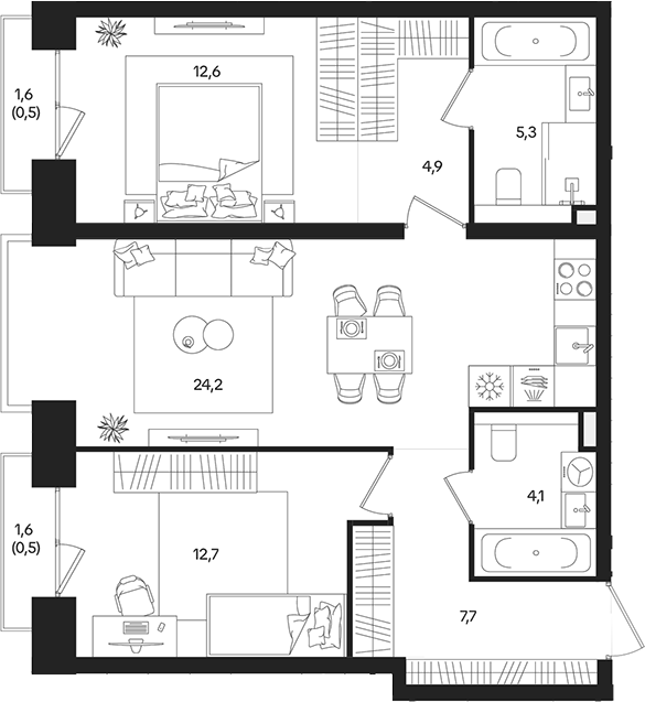 3‑комн квартира ~82 м²
