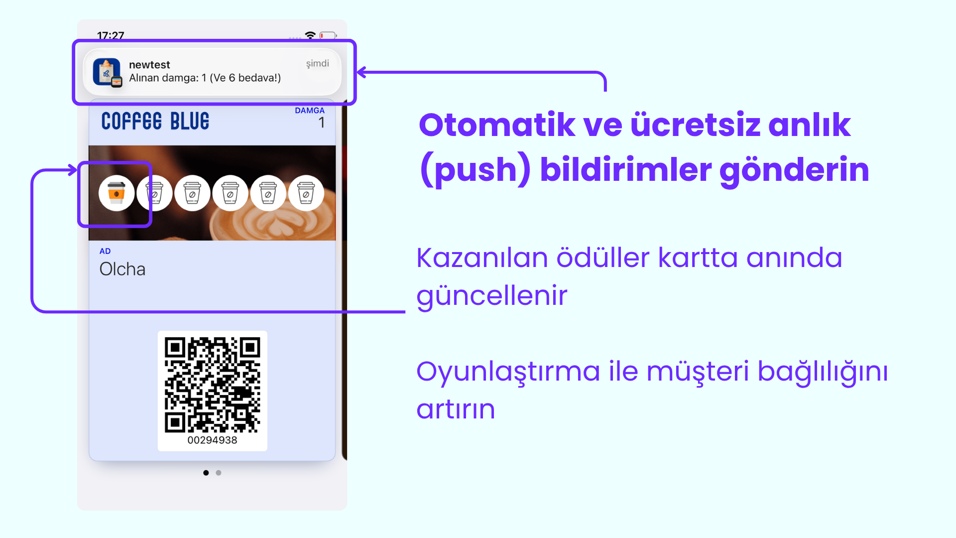 Akıllı telefon ekranında sadakat programı bildirimleri ve dijital damga kartı uygulaması