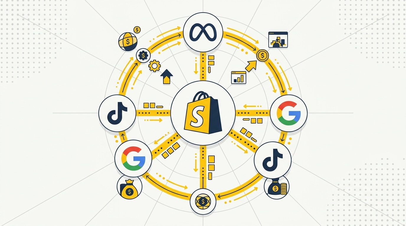 Flat geometric illustration of a network of budget nodes and yellow flow arrows connecting ad platforms.
