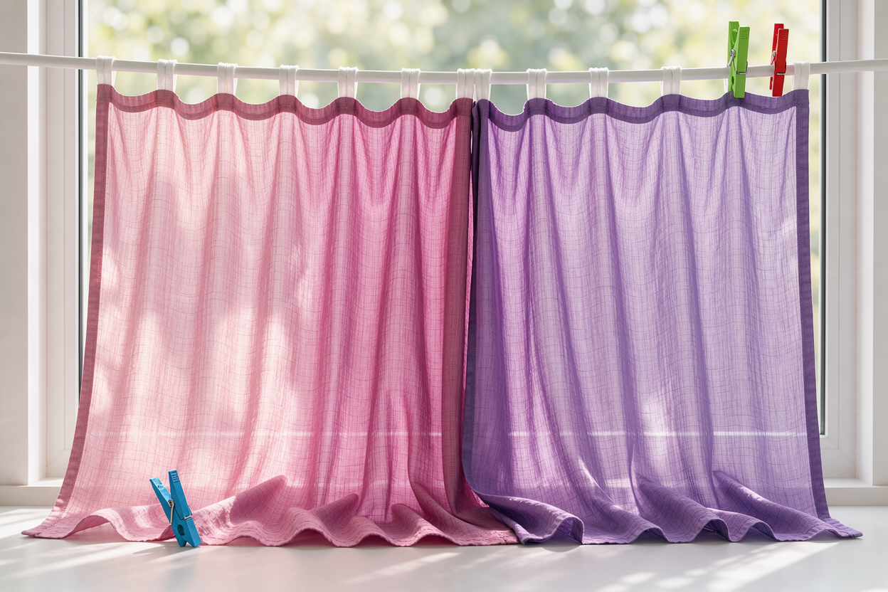 fresh curtains hung on a window rod to dry with sunlight filtering through fabric showing texture and gentle drape