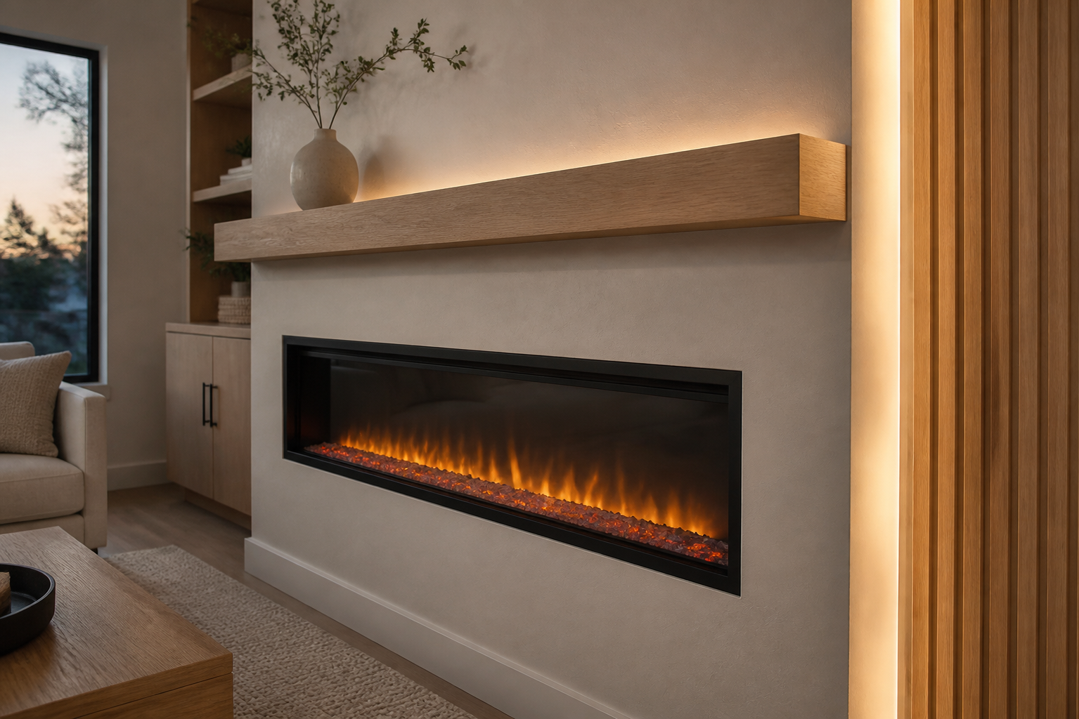 Linear electric fireplace with a white oak floating mantel, textured surround, vertical slat panel, and integrated warm lighting